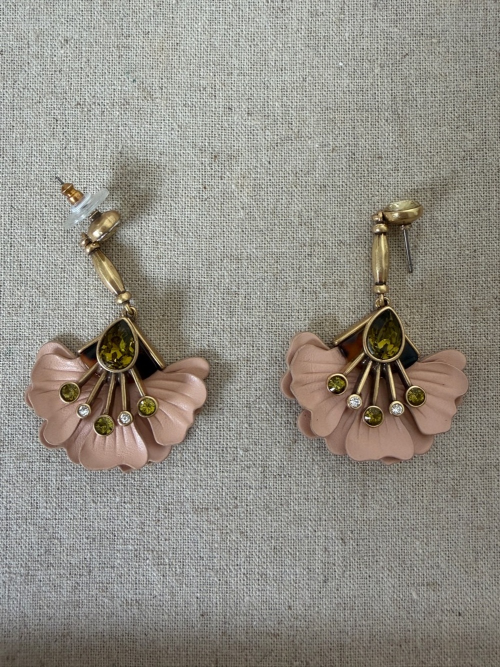 Stella & Dot Delicate Pink Petal Drop Earrings with Olive Green Accents